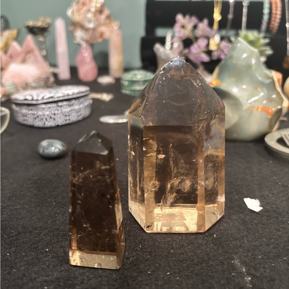 Smoky Crystal Obelisk Set - some imperfections in stones.
